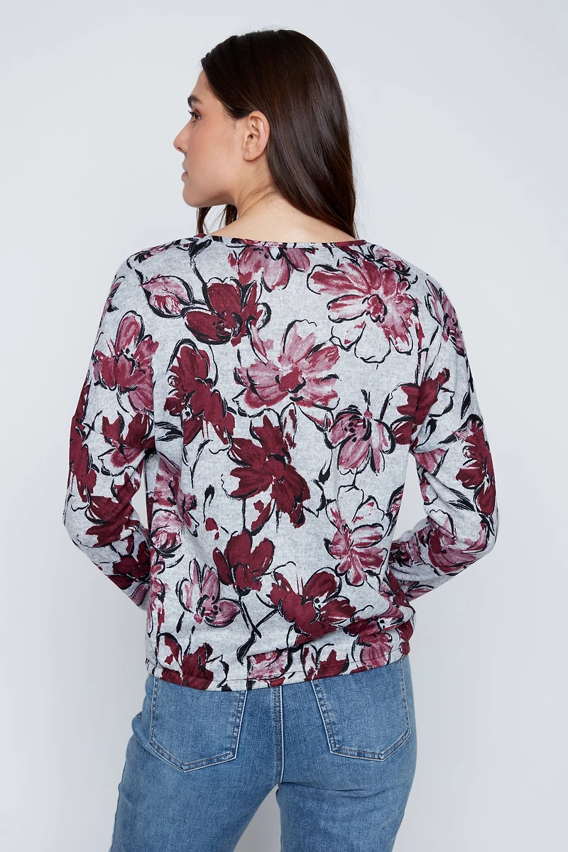 Floral print drawstring hem top