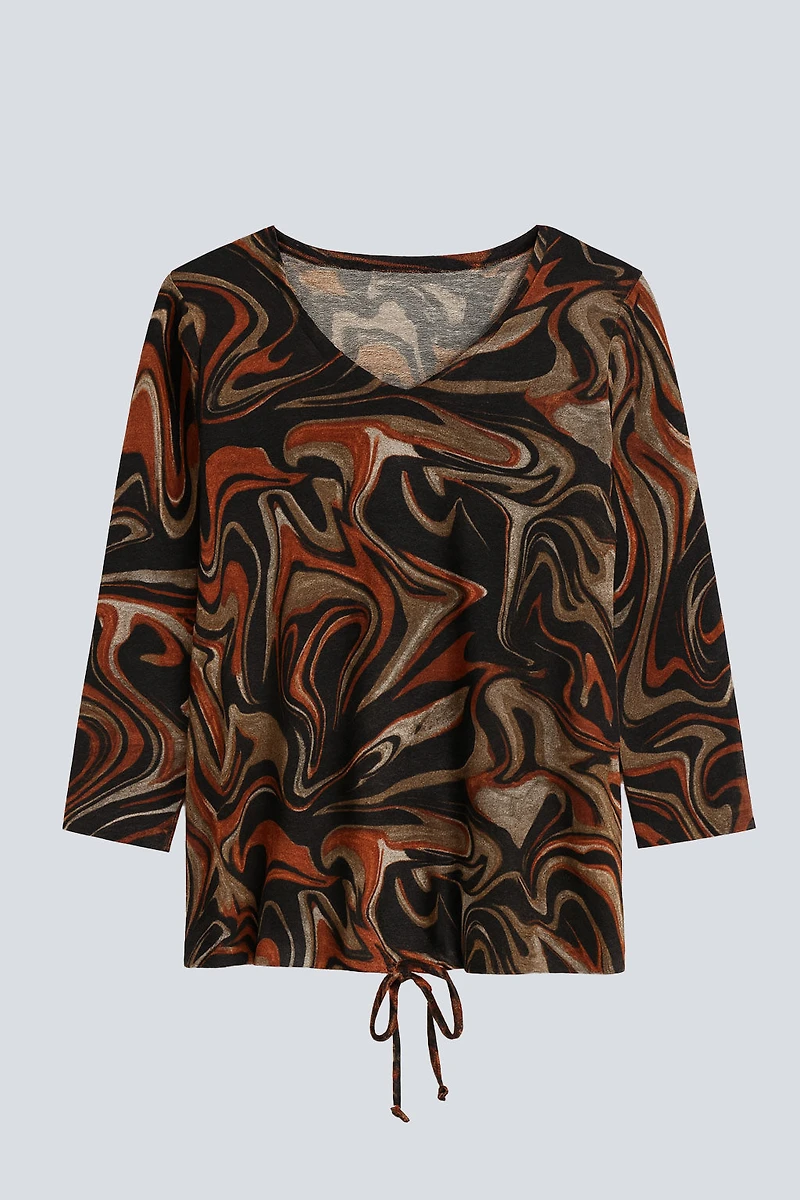 Abstract print drawstring hem top