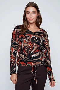 Abstract print drawstring hem top