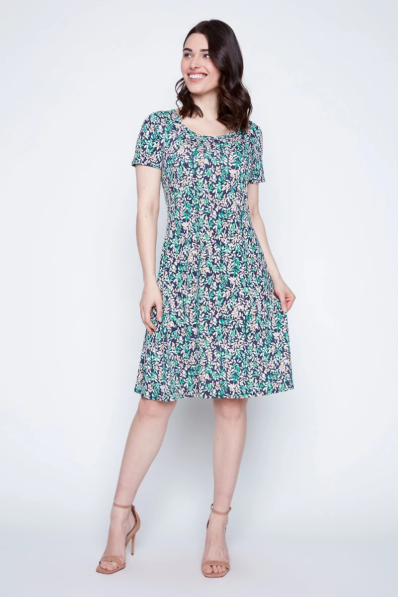 Leaf print A-line sun dress