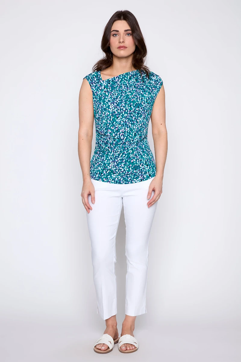 Dot print asymmetric neck top