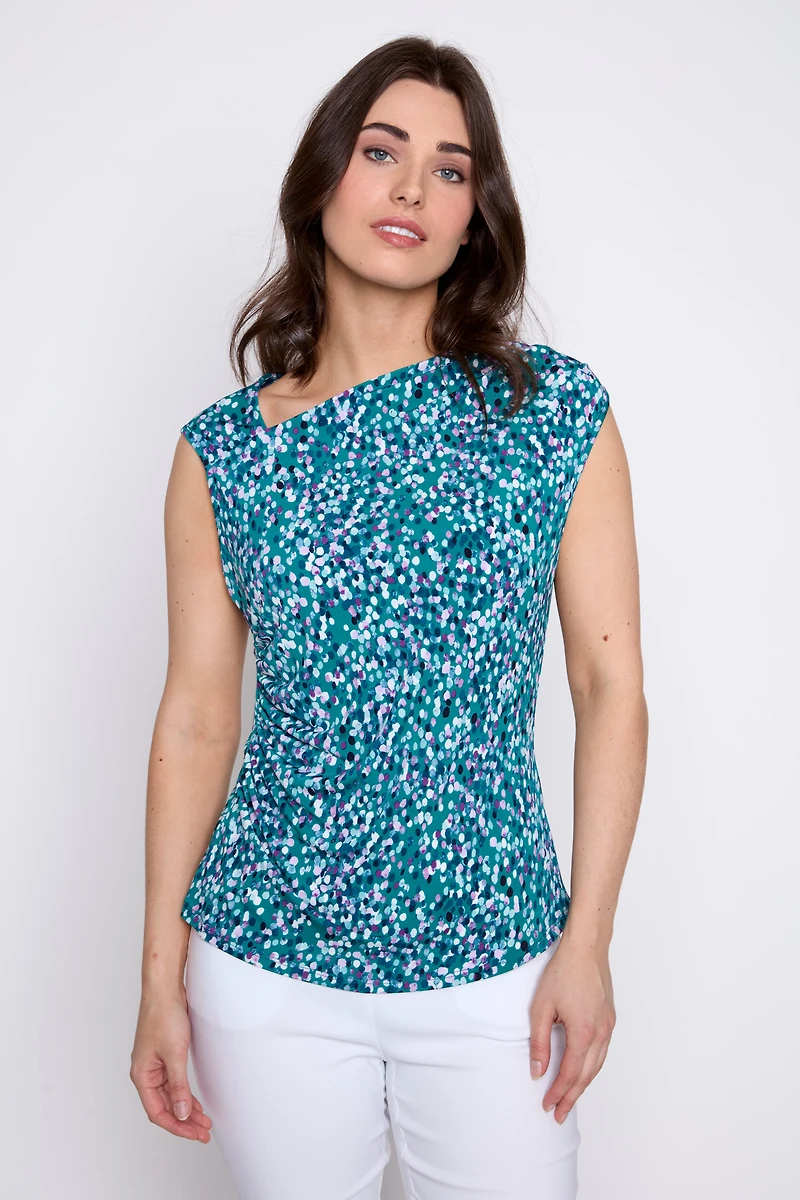 Dot print asymmetric neck top