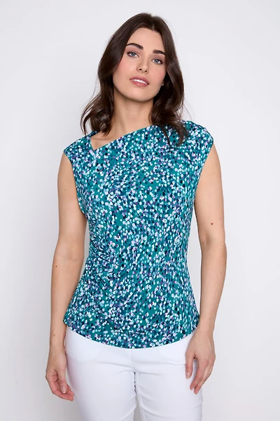 Dot print asymmetric neck top