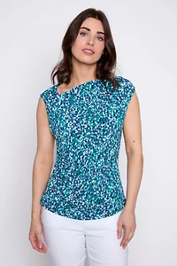 Dot print asymmetric neck top