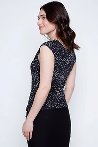 Abstract print asymmetric neck top