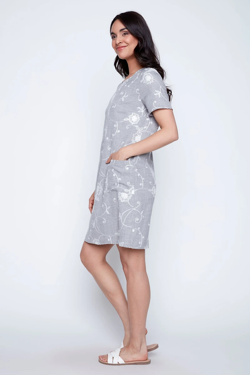 Floral print embroidery dress with pockets