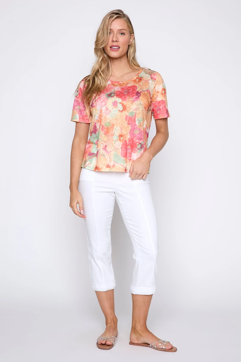Coral burn out t-shirt with button detail