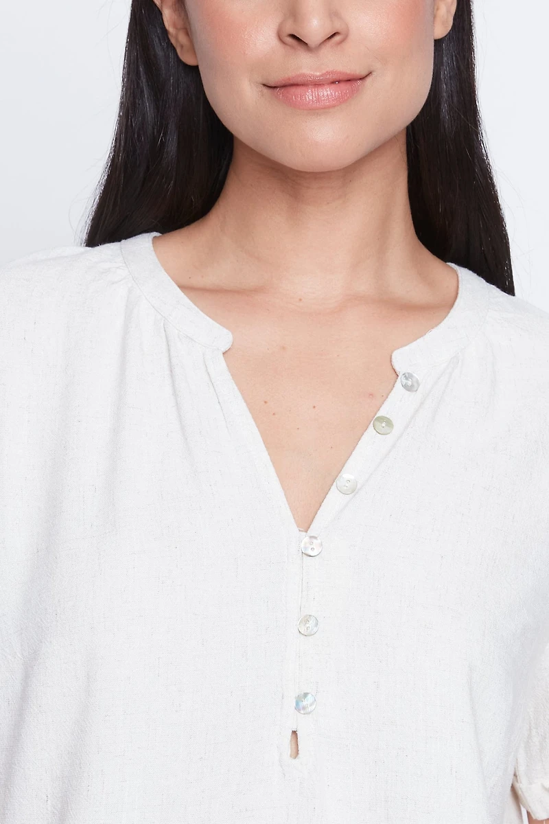Linen blend soft pleated neck top