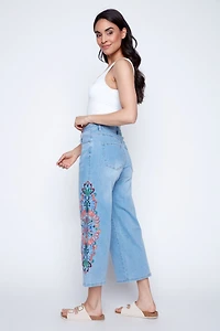 Wide leg embroidered denim capri