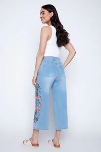 Wide leg embroidered denim capri
