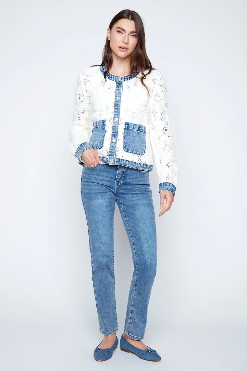 Flower crochet jacket with denim detail
