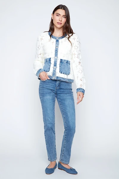 Flower crochet jacket with denim detail