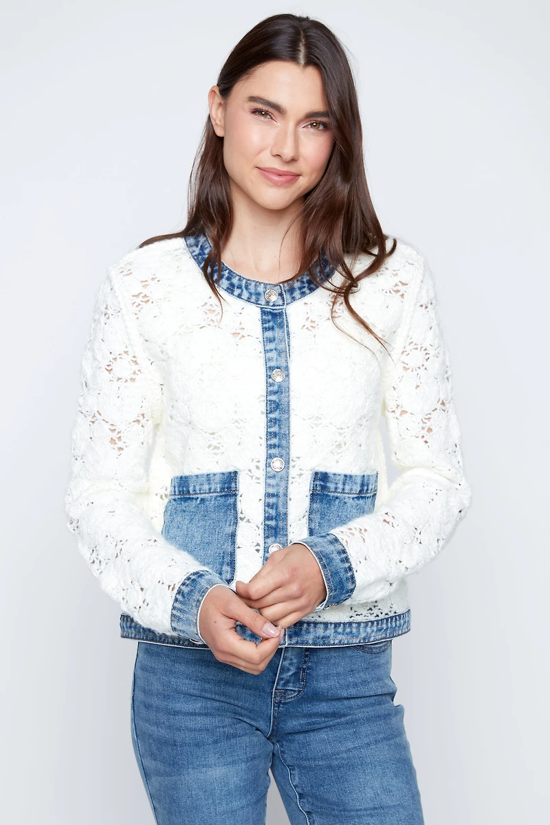 Flower crochet jacket with denim detail