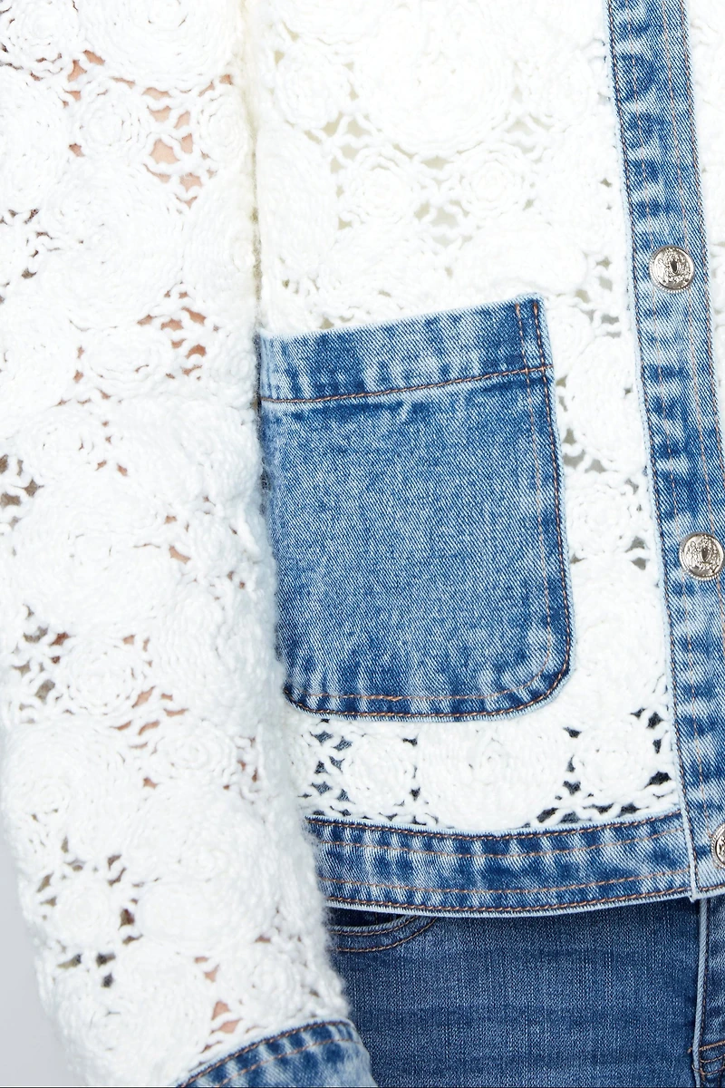 Flower crochet jacket with denim detail