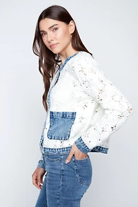 Flower crochet jacket with denim detail