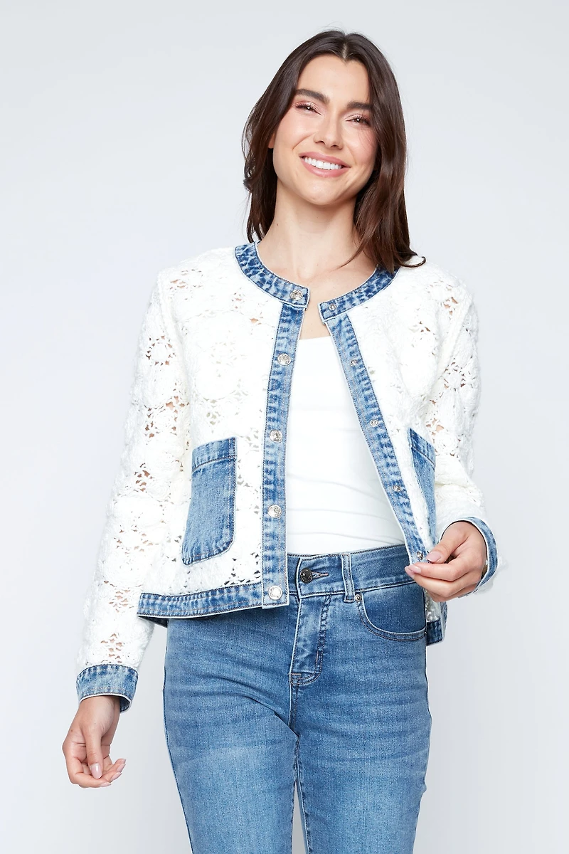 Flower crochet jacket with denim detail