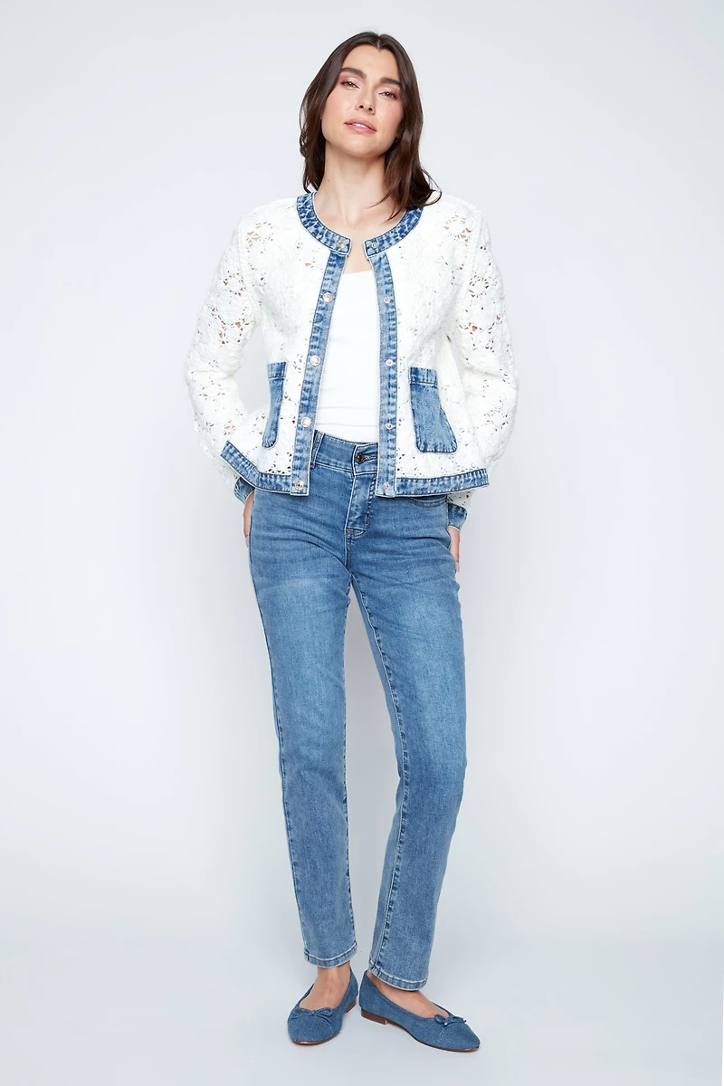Flower crochet jacket with denim detail