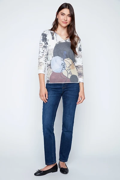 Abstract mixed print V-neck top