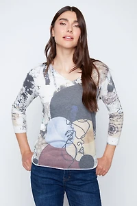 Abstract mixed print V-neck top
