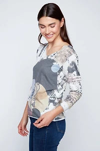 Abstract mixed print V-neck top