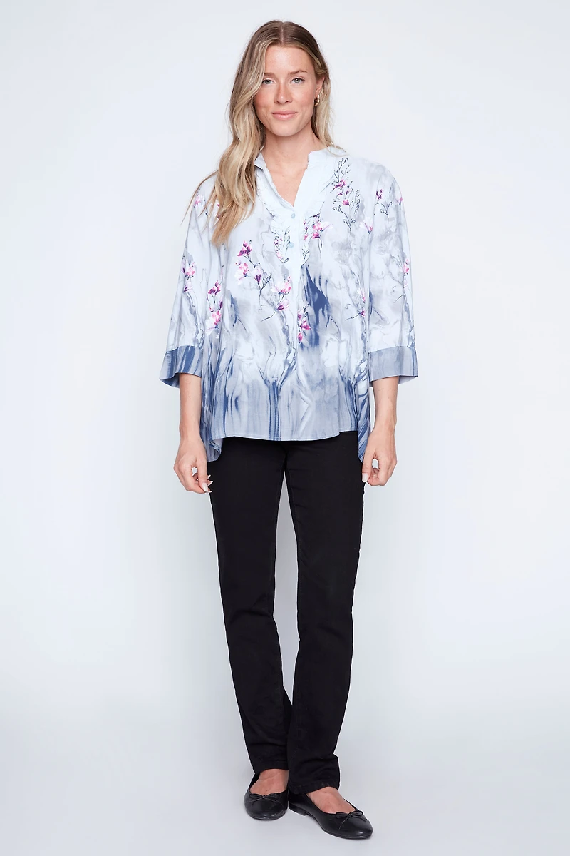 Printed Henley ruffle blouse