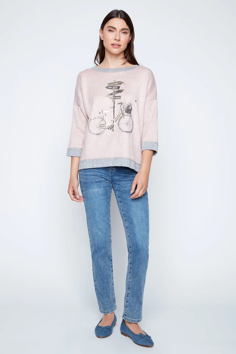 Rhinestone bicycle and sign post print top