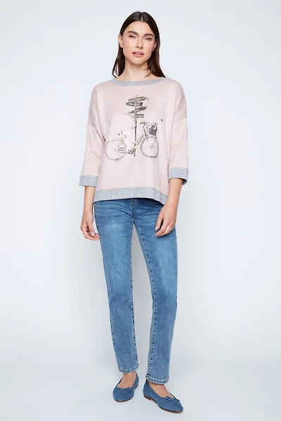 Rhinestone bicycle and sign post print top