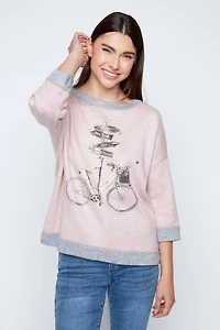 Rhinestone bicycle and sign post print top
