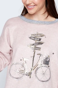 Rhinestone bicycle and sign post print top