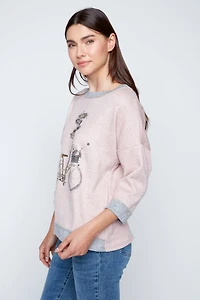 Rhinestone bicycle and sign post print top