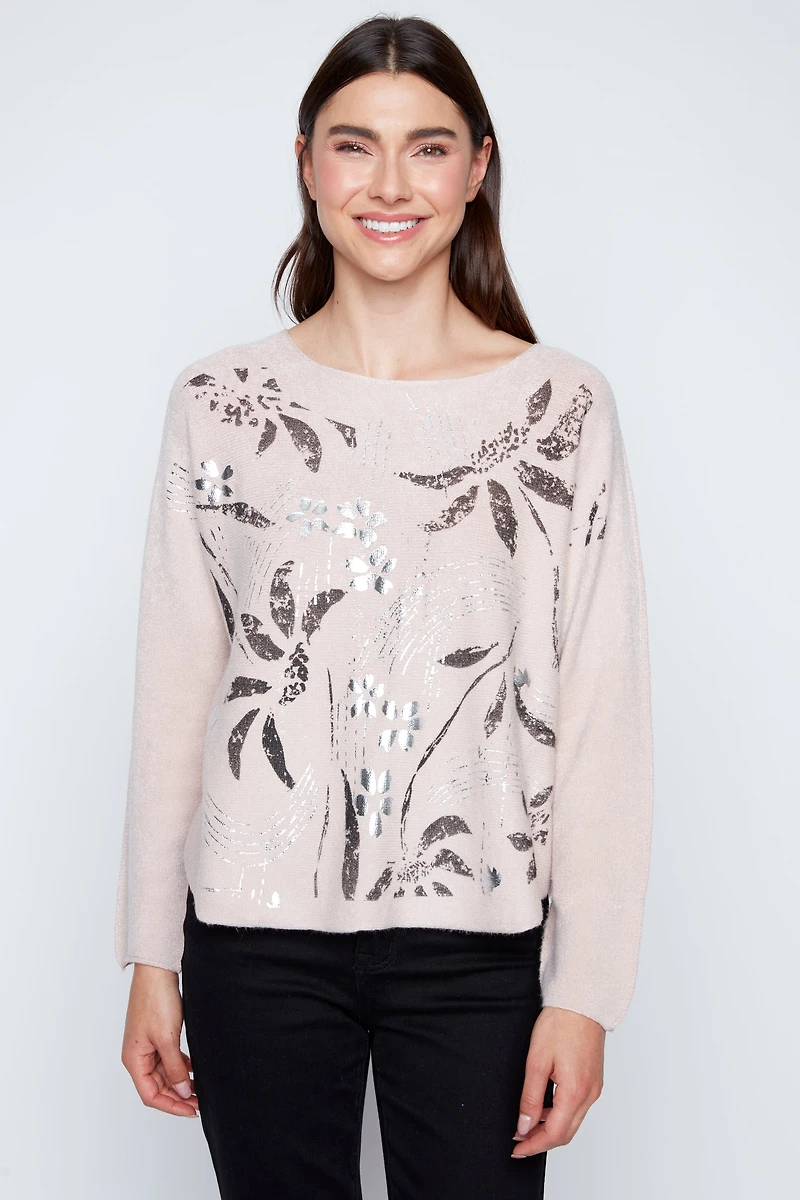 Foil leaves print sweater