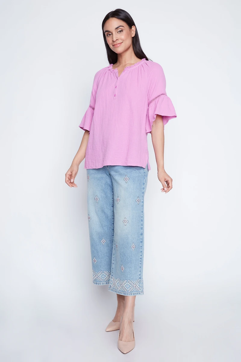 Flutter sleeve cotton crinkle top