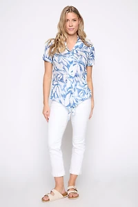 Burn out tie front leaf print blouse