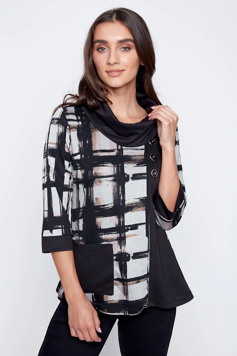Plaid print cowl neck tunic