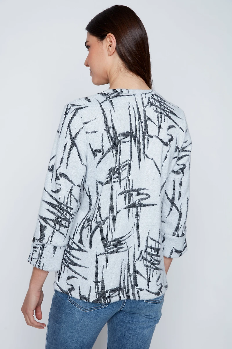 Printed fuzzy knit top