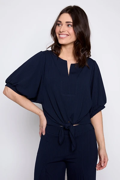 Tie front puff sleeve blouse