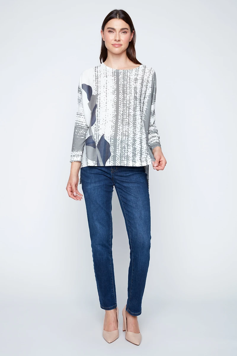 Artistic stripe and leaf pattern top