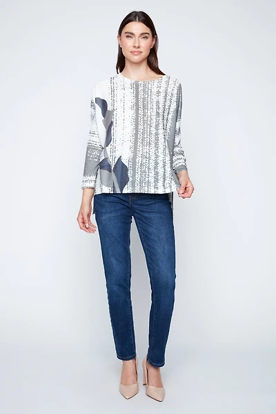 Artistic stripe and leaf pattern top