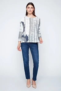 Artistic stripe and leaf pattern top