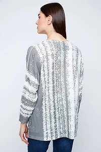 Artistic stripe and leaf pattern top
