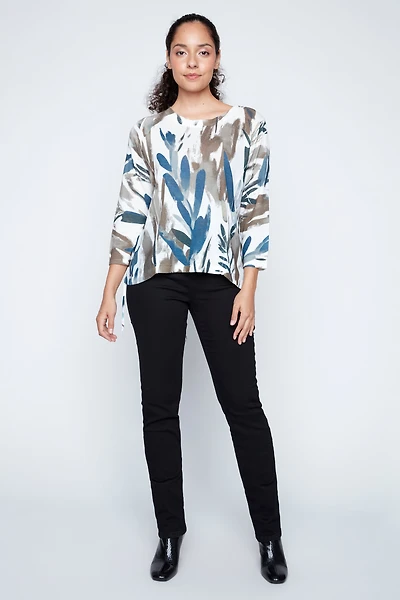 Leaf print chiffon trim top