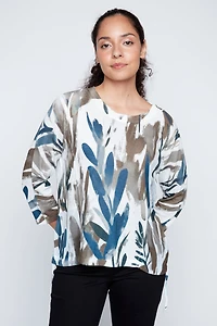 Leaf print chiffon trim top