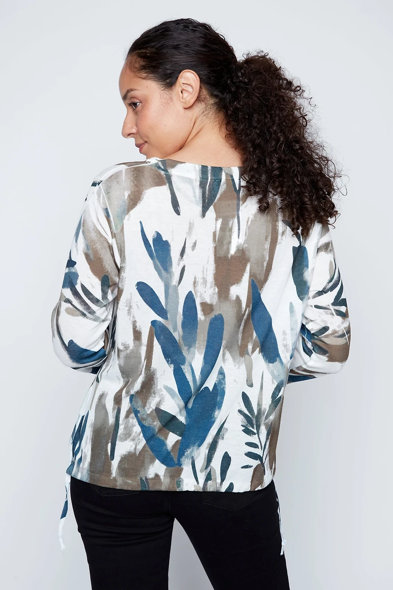Leaf print chiffon trim top
