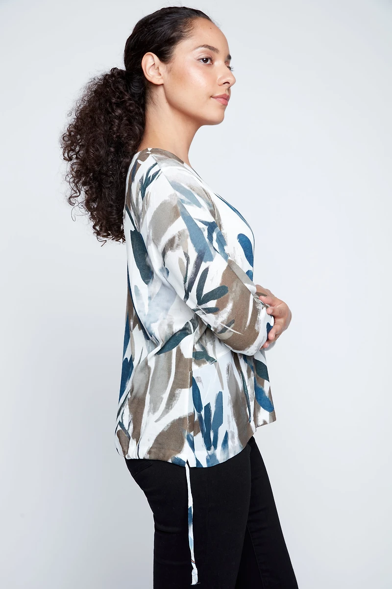 Leaf print chiffon trim top