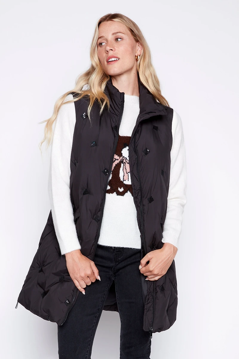 Sequin detail long quilt vest