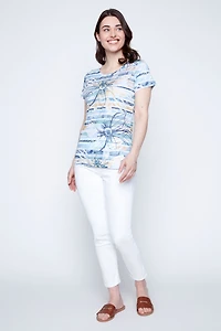 Floral and stripe print burn out t-shirt
