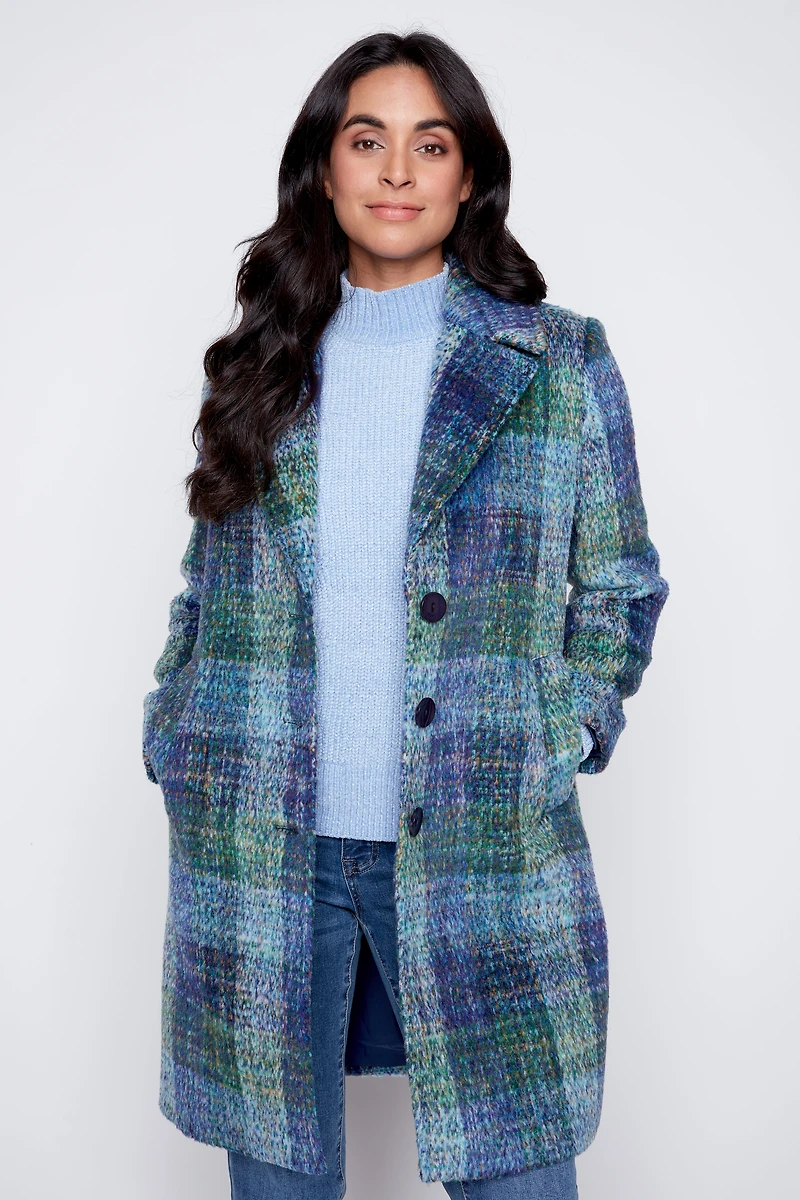 Plaid wool blend coat
