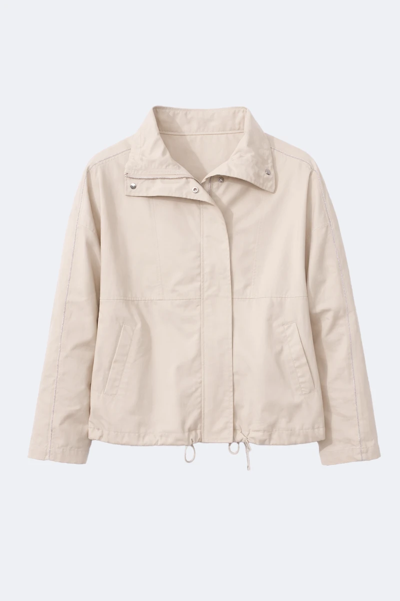 Sand high neck zip coat with drawstring hem