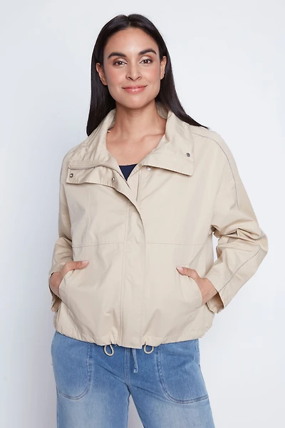 Sand high neck zip coat with drawstring hem