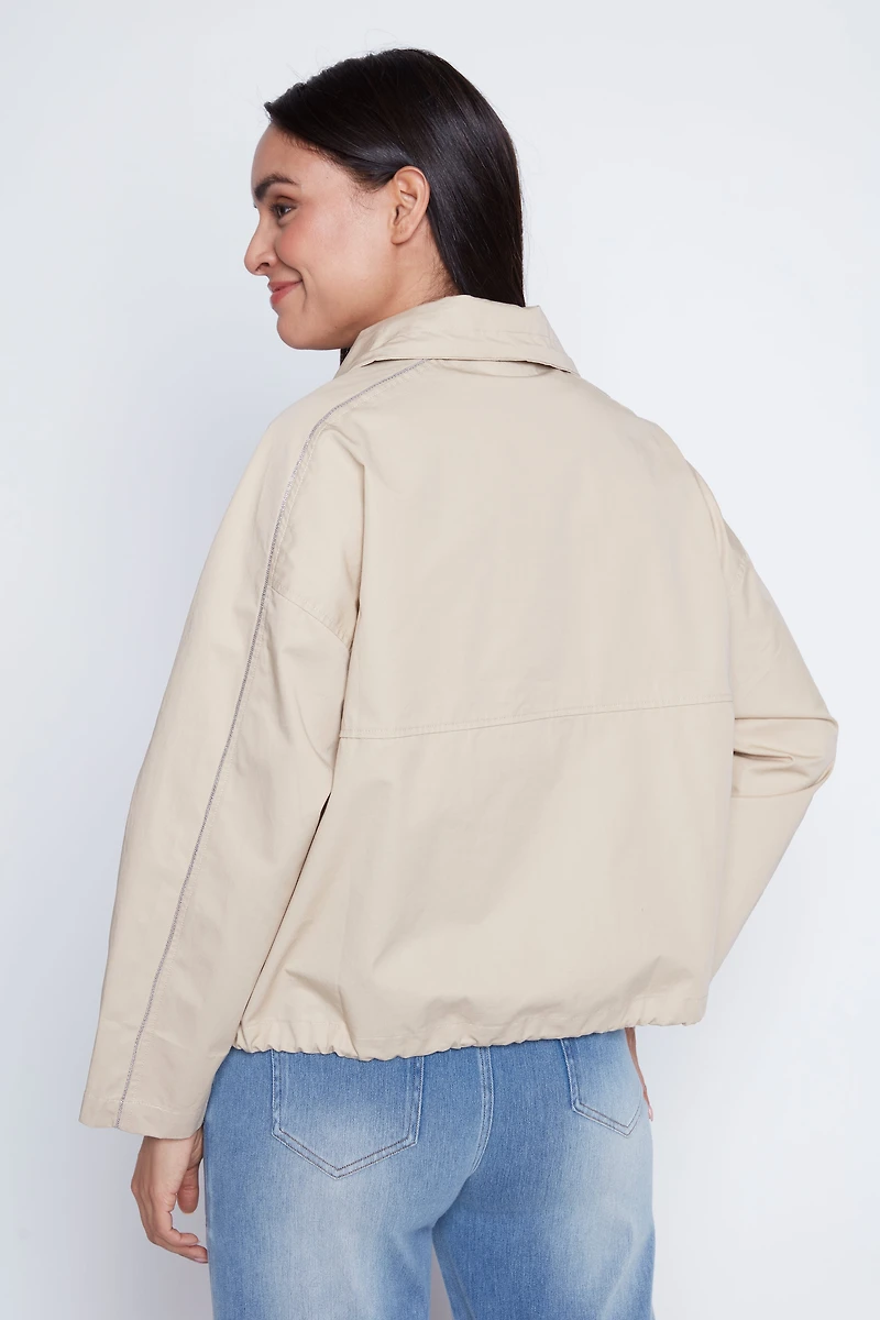 Sand high neck zip coat with drawstring hem